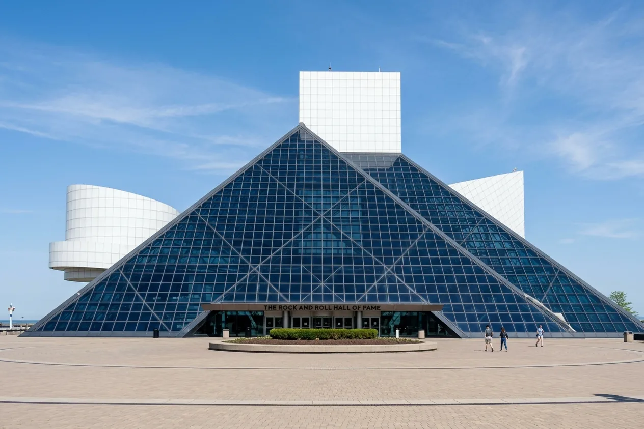 The glass pyramid of the Rock and Roll Hall of Fame on the lakefront in Cleveland.