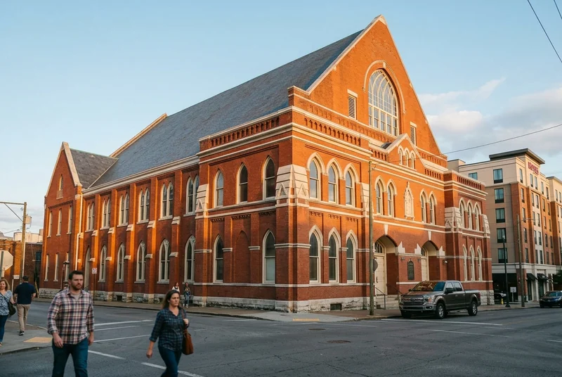 The red brick Ryman Auditorium in Nashville with tall arched gothic windows in late afternoon sun.