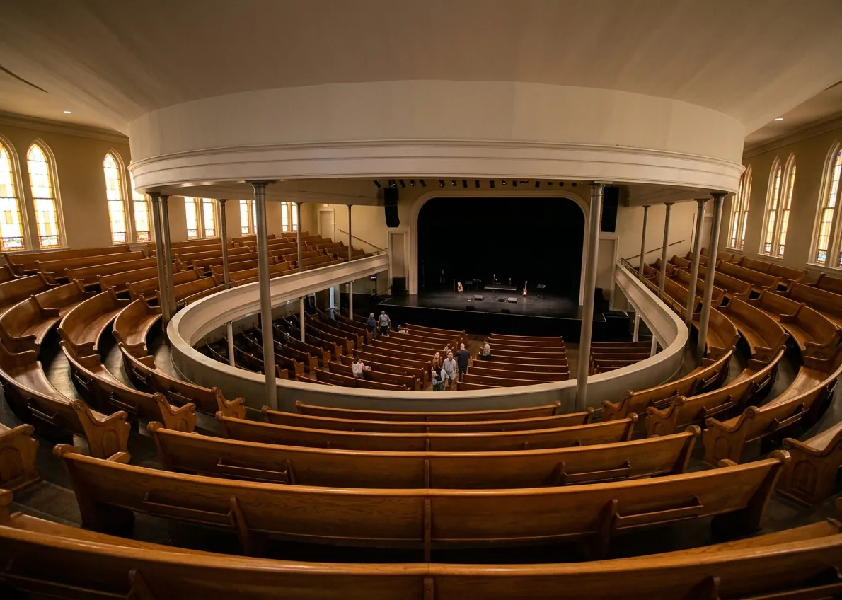 Inside the Ryman Auditorium in Nashville: curved wooden pews, the balcony and the stage.