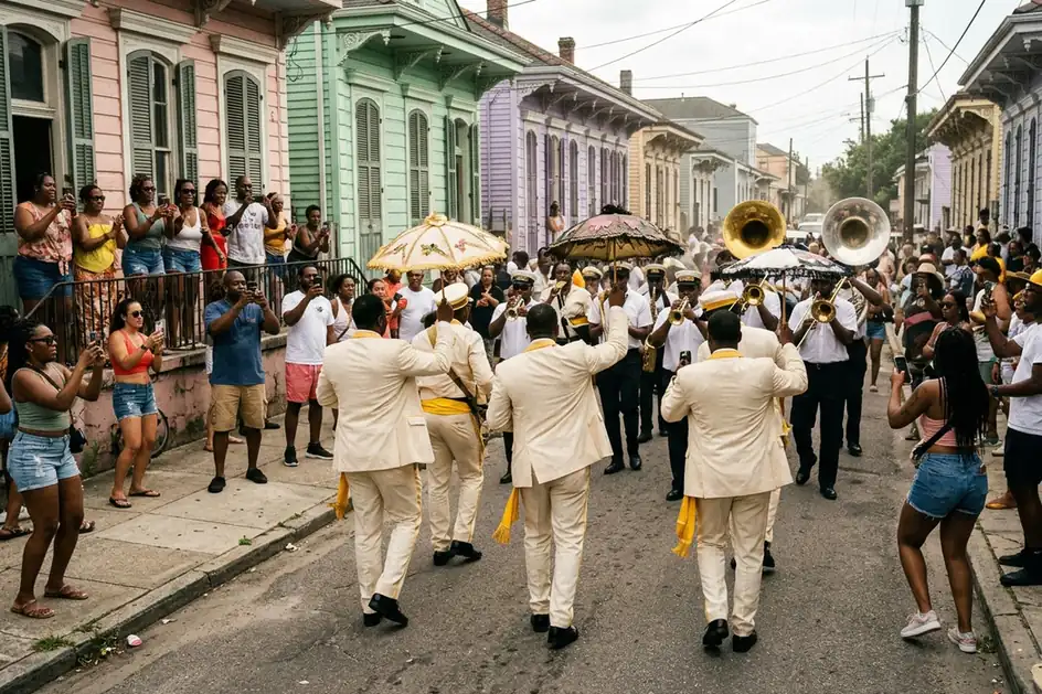 A second line parade in New Orleans: dancers in cream suits ahead of a brass band.