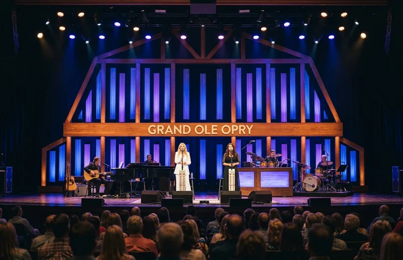 Two singers on the Grand Ole Opry stage in Nashville before the lit barn backdrop.