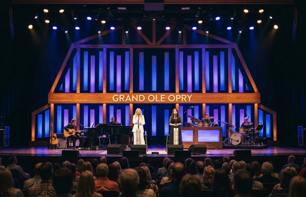 Two singers on the Grand Ole Opry stage in Nashville before the lit barn backdrop.