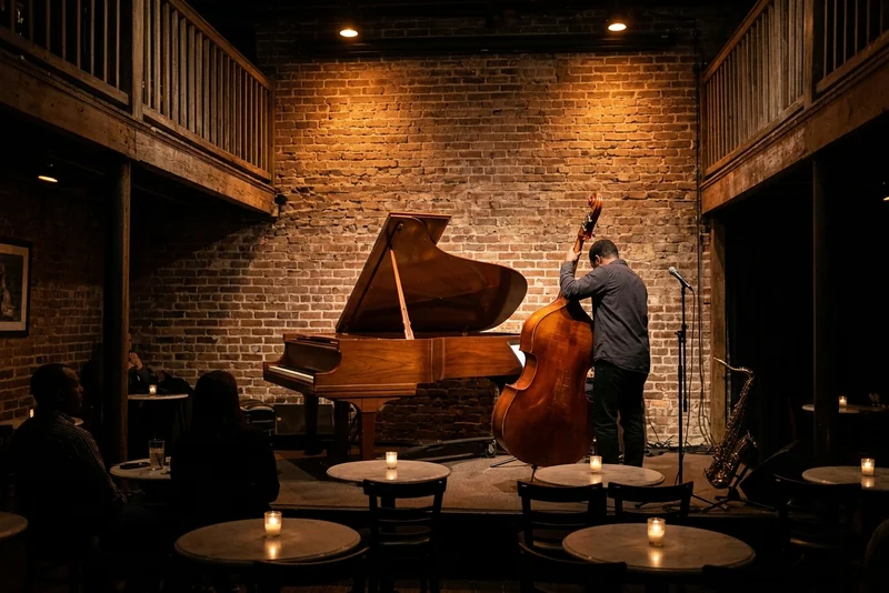 The music room at Snug Harbor jazz club in New Orleans, with a grand piano.