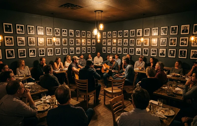 A songwriters round at the Bluebird Cafe in Nashville, guitar players among the tables.