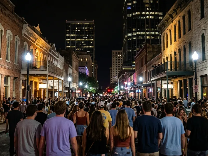 A crowd walking down Sixth Street in Austin at night during South by Southwest.