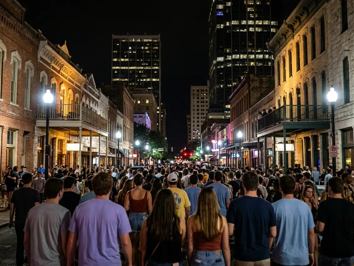 A crowd walking down Sixth Street in Austin at night during South by Southwest.