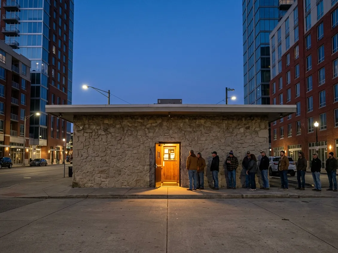 People lining up at dusk outside the Station Inn, the bluegrass club in the Gulch, Nashville.