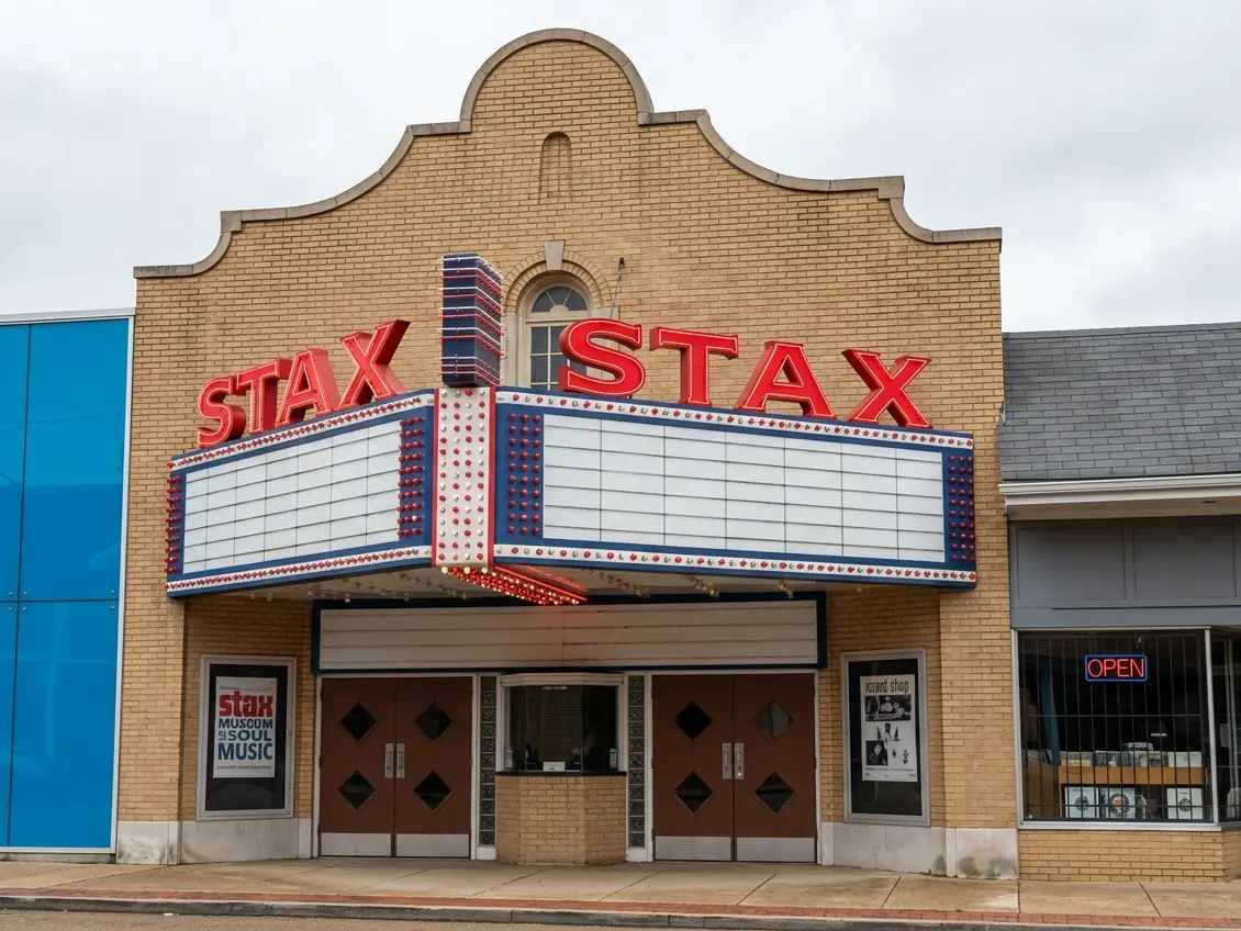 The Stax Museum of American Soul Music in Memphis, red Stax letters over the marquee.