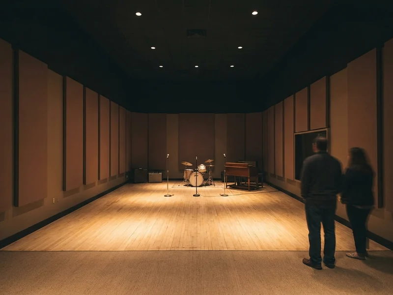 Studio A at the Stax Museum in Memphis, with drums, an organ and microphones set up.