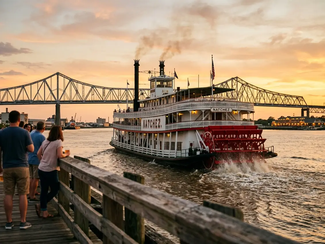 The steamboat Natchez on the Mississippi River at sunset in New Orleans, the bridge behind it.