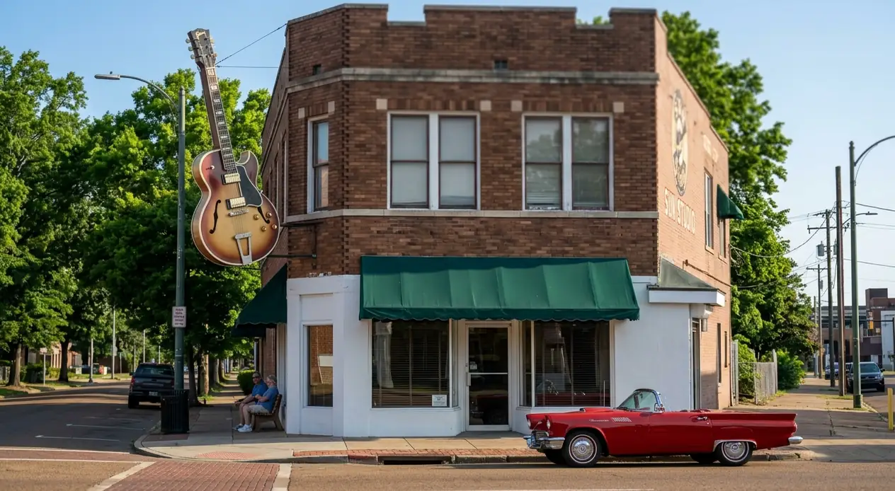 Sun Studio in Memphis, a brick corner building with a green awning and guitar sculpture.