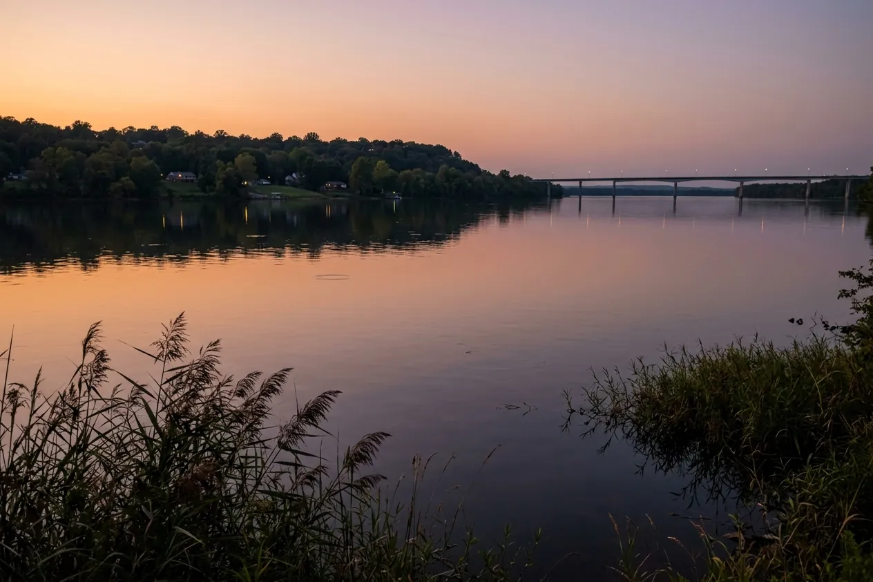 The Tennessee River at Florence, Alabama, at dusk, with a wooded bank and a long bridge.