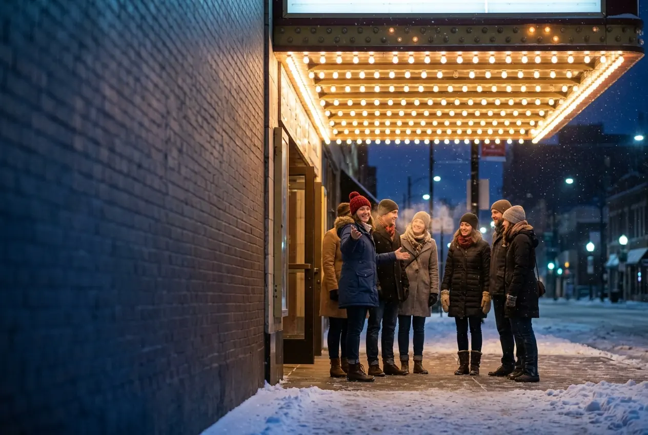 A tour group in winter coats under a glowing theater marquee on a snowy Chicago night.