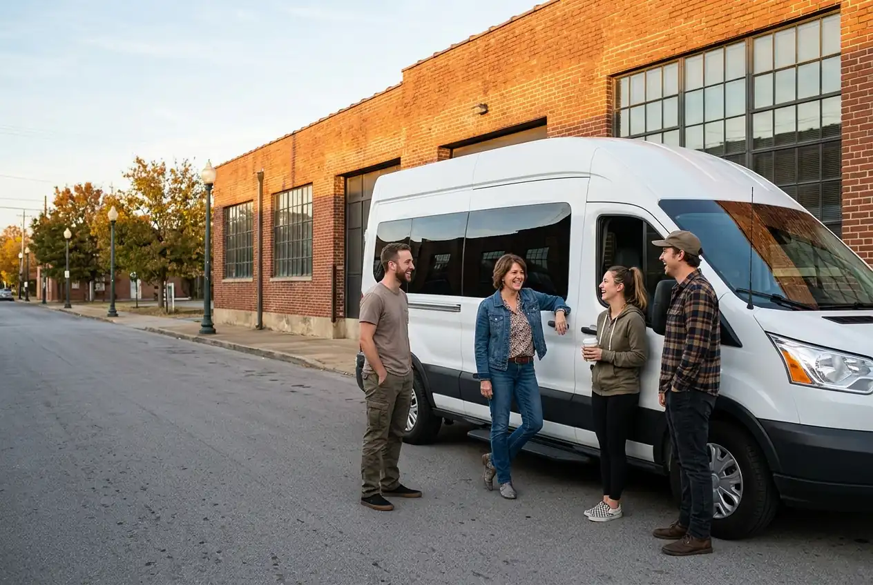 Our small tour team laughing beside a white passenger van outside a red brick warehouse office.