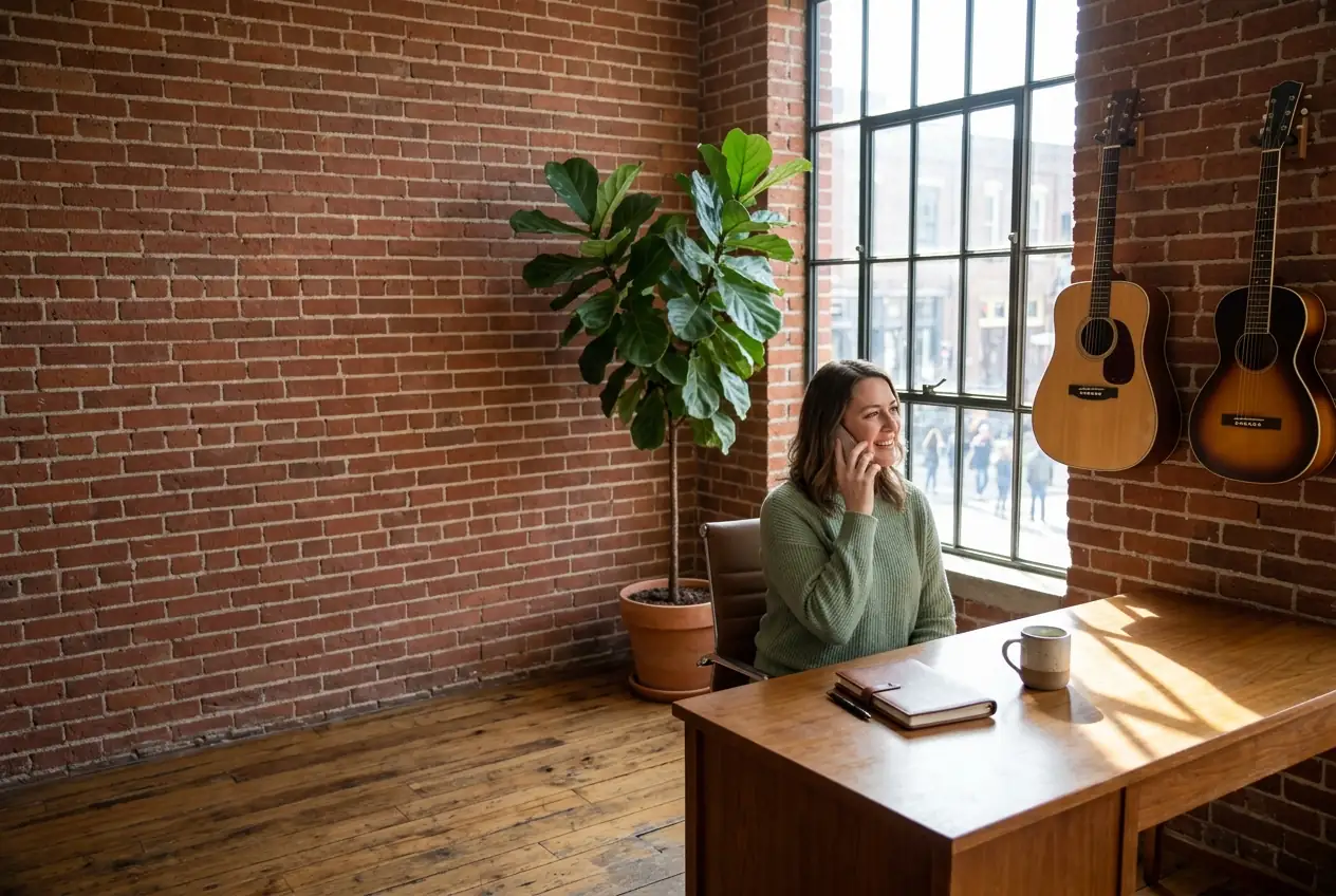 A travel advisor in a green sweater on the phone in our brick-walled Nashville office.