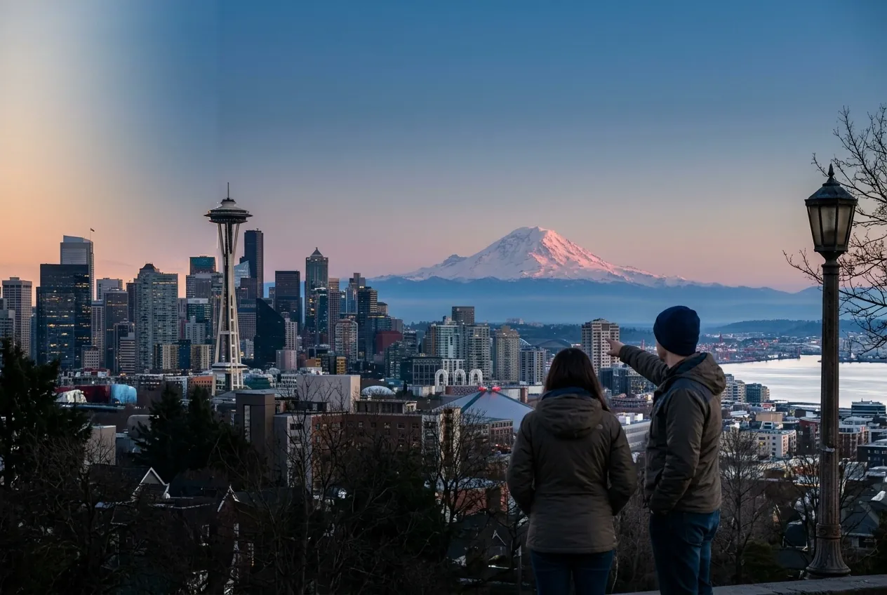 Two travelers at a Seattle park overlook at dusk, facing the Space Needle and Mount Rainier.