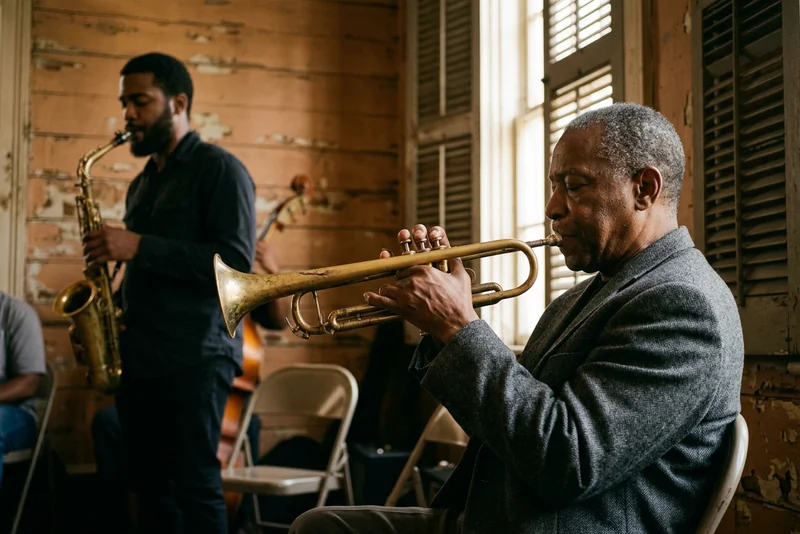 An older trumpeter playing beside a saxophonist in an old wood-walled New Orleans room.