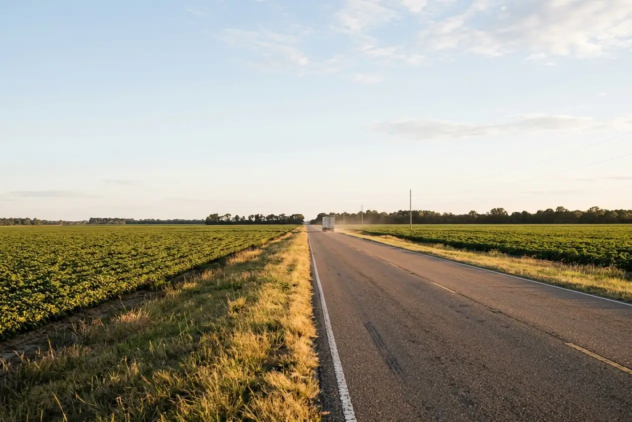 A straight two-lane highway across flat green fields in the Mississippi Delta, a truck far away.
