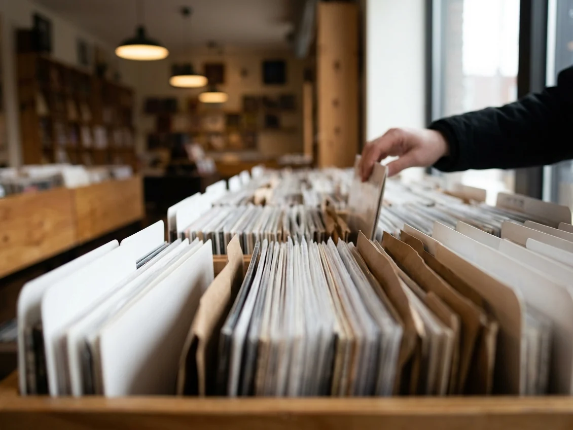 A hand flipping through bins of vinyl records at Dusty Groove, a record store in Chicago.
